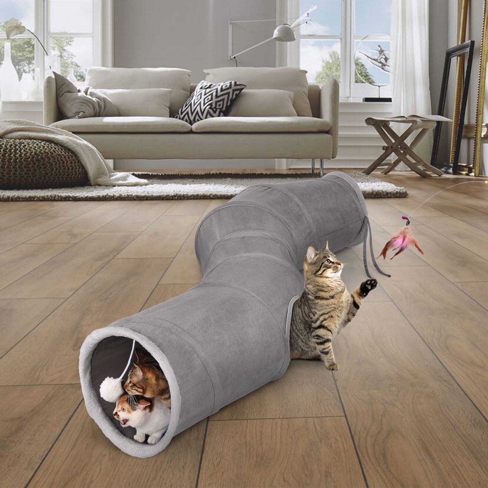 Alt View 8. Ownpets - 48" Long Collapsible Cat Tunnel with Plush Ball & Feather Toy - Grey.