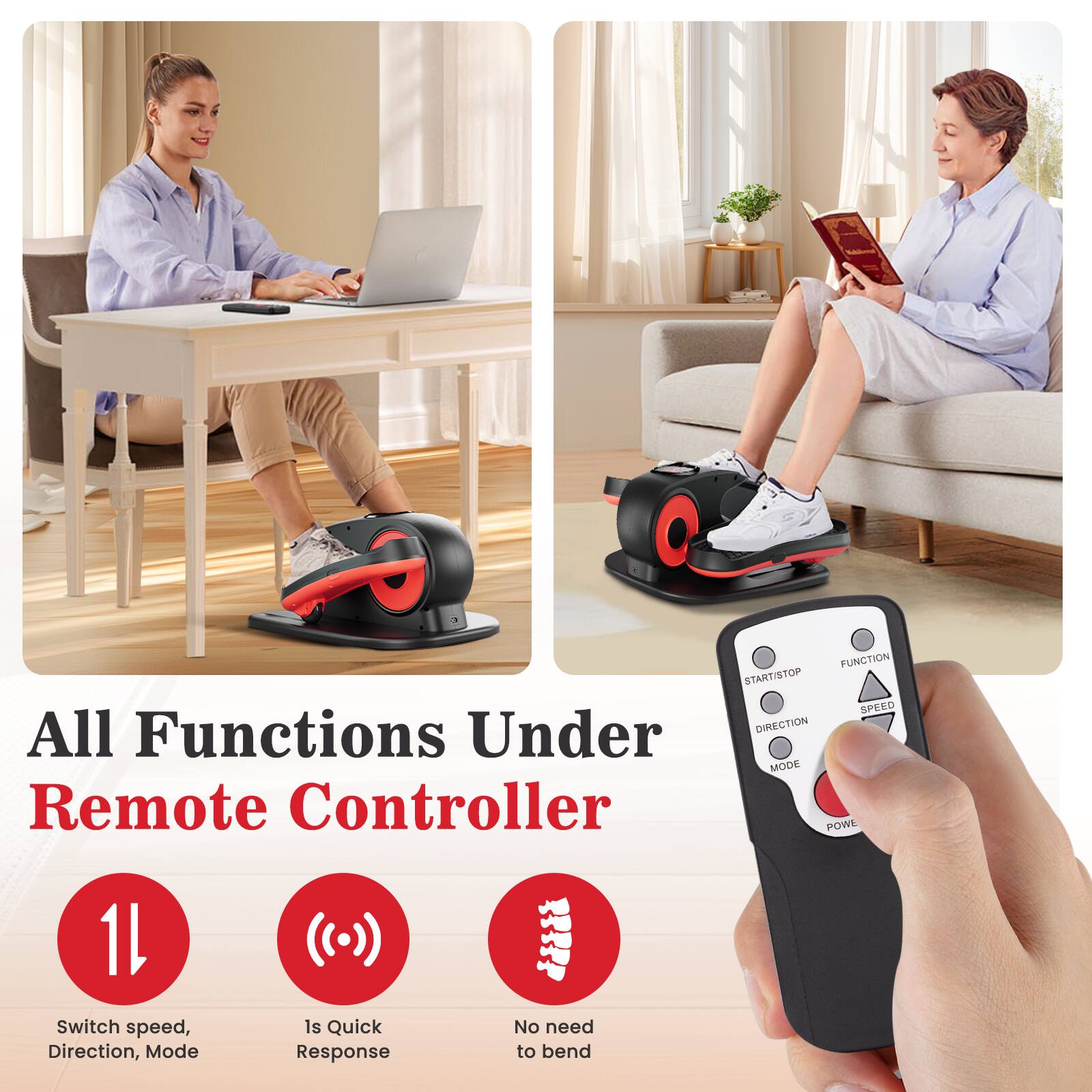 All Functions Under Remote Controller

FUNCTION START/STOP SPEED DIRECTION MODE POW

Switch speed, Direction, Mode is Quick Response No need to bend