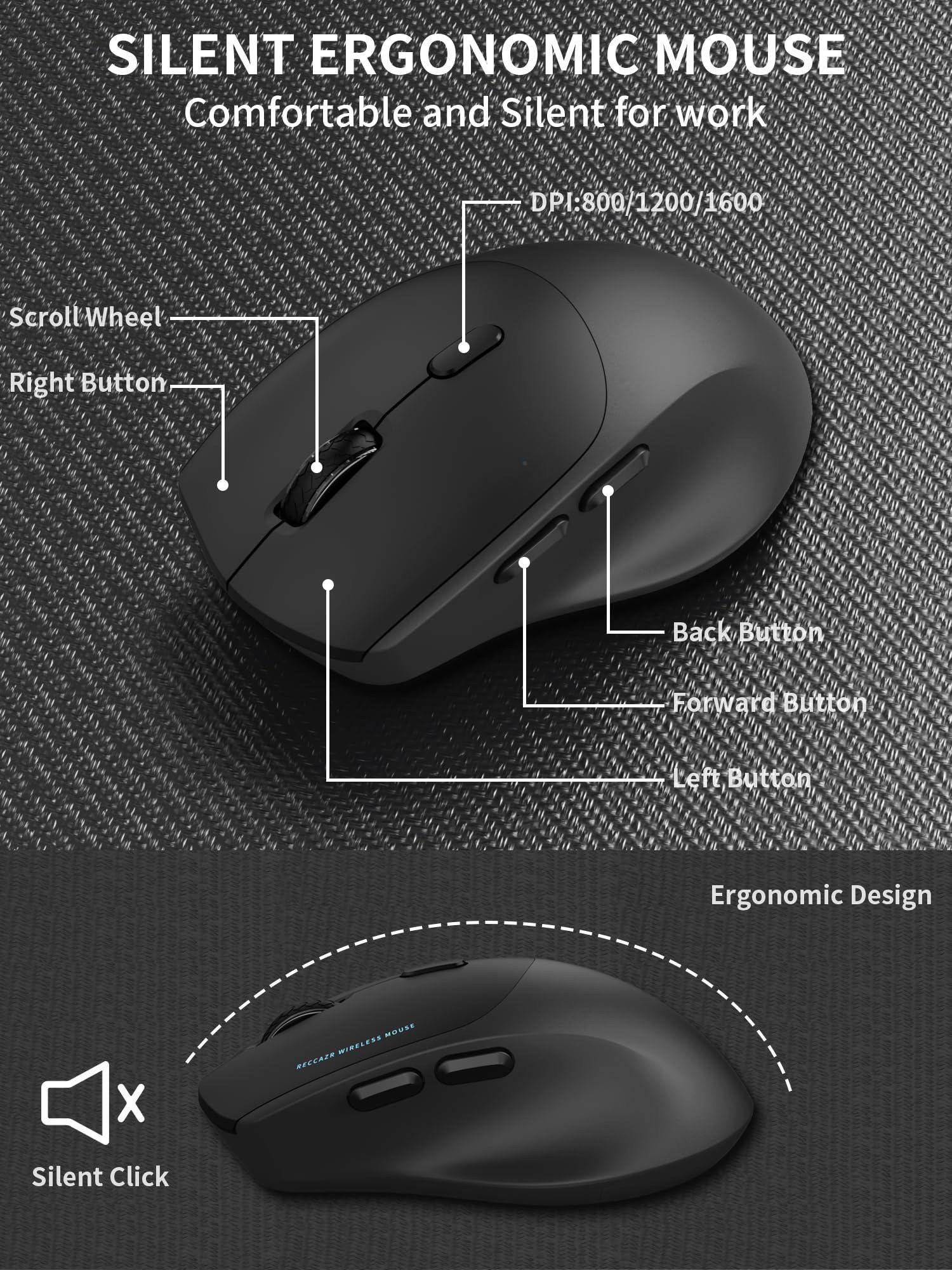 SILENT ERGONOMIC MOUSE  
Comfortable and Silent for work  

DPI: 800/1200/1600  

Scroll Wheel  
Right Button  
Back Button  
Forward Button  
Left Button  

Ergonomic Design  

Silent Click