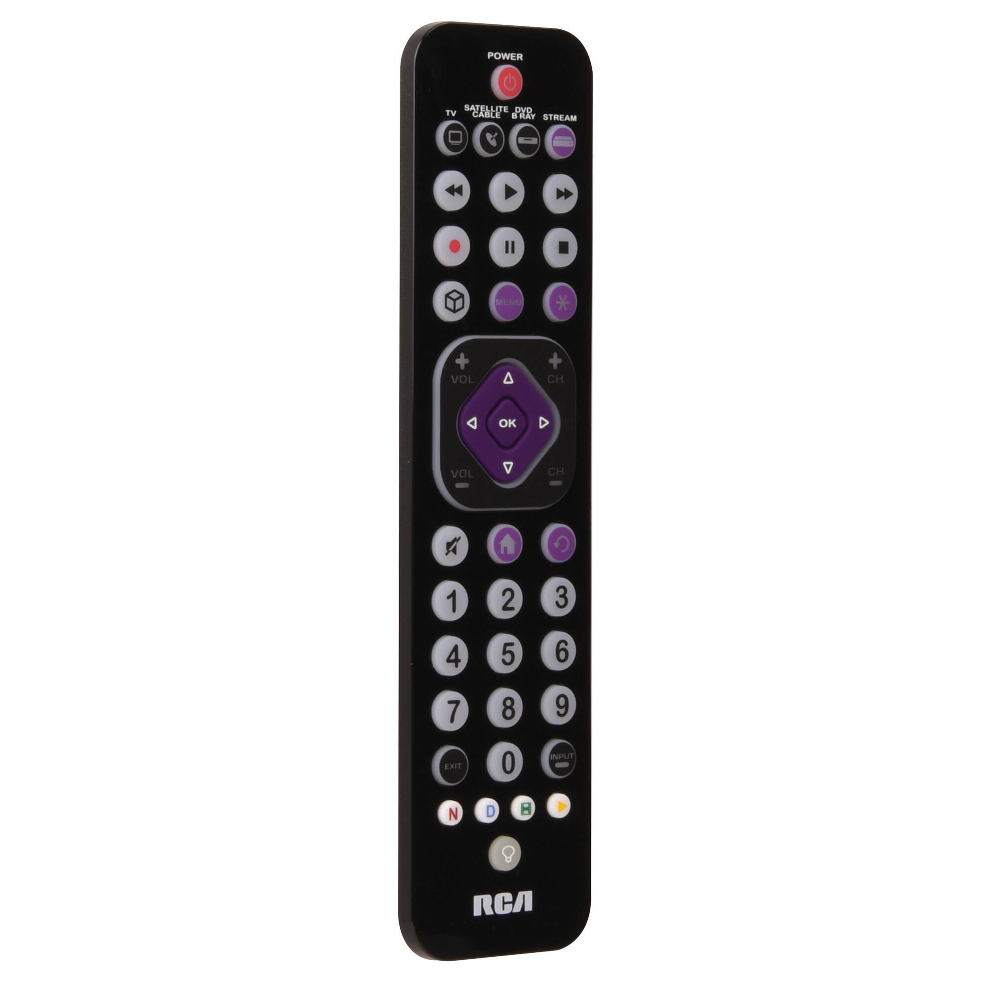 POWER  
TV SATELLITE DVD CABLE B RAY STREAM  
II  
MENU  
VOL  
CH  
OK  
VOL  
CH  
1  
2  
3  
4  
5  
6  
7  
8  
9  
EXIT  
0  
INPUT  
N  
D  
8  
RCA