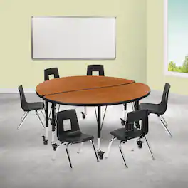 Emma + Oliver - Mobile 47.5" Circle Wave Collaborative Laminate Activity Table Set with 12" Student Stack Chairs, Grey/Black - Oak