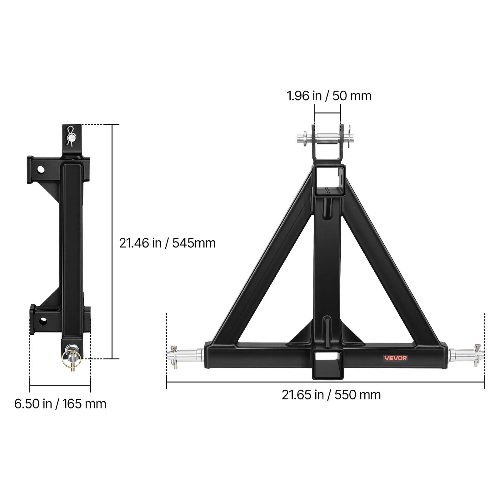 1.96 in / 50 mm  
21.46 in / 545 mm  
6.50 in / 165 mm  
21.65 in / 550 mm  

VEVOR