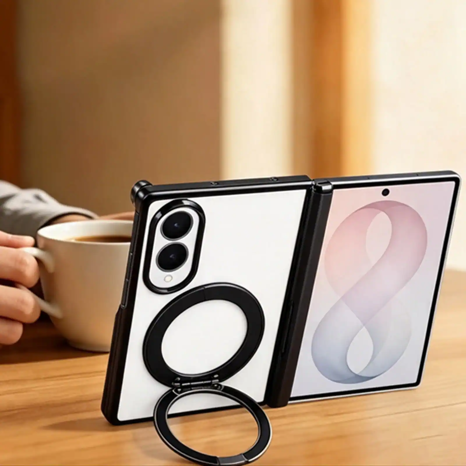 Back. Dteck - Electroplated Frame Case for Samsung Galaxy Z Fold8 with Kickstand, Magnetic Clear Rigid Plastic Hinge Protection Cover - Silver.