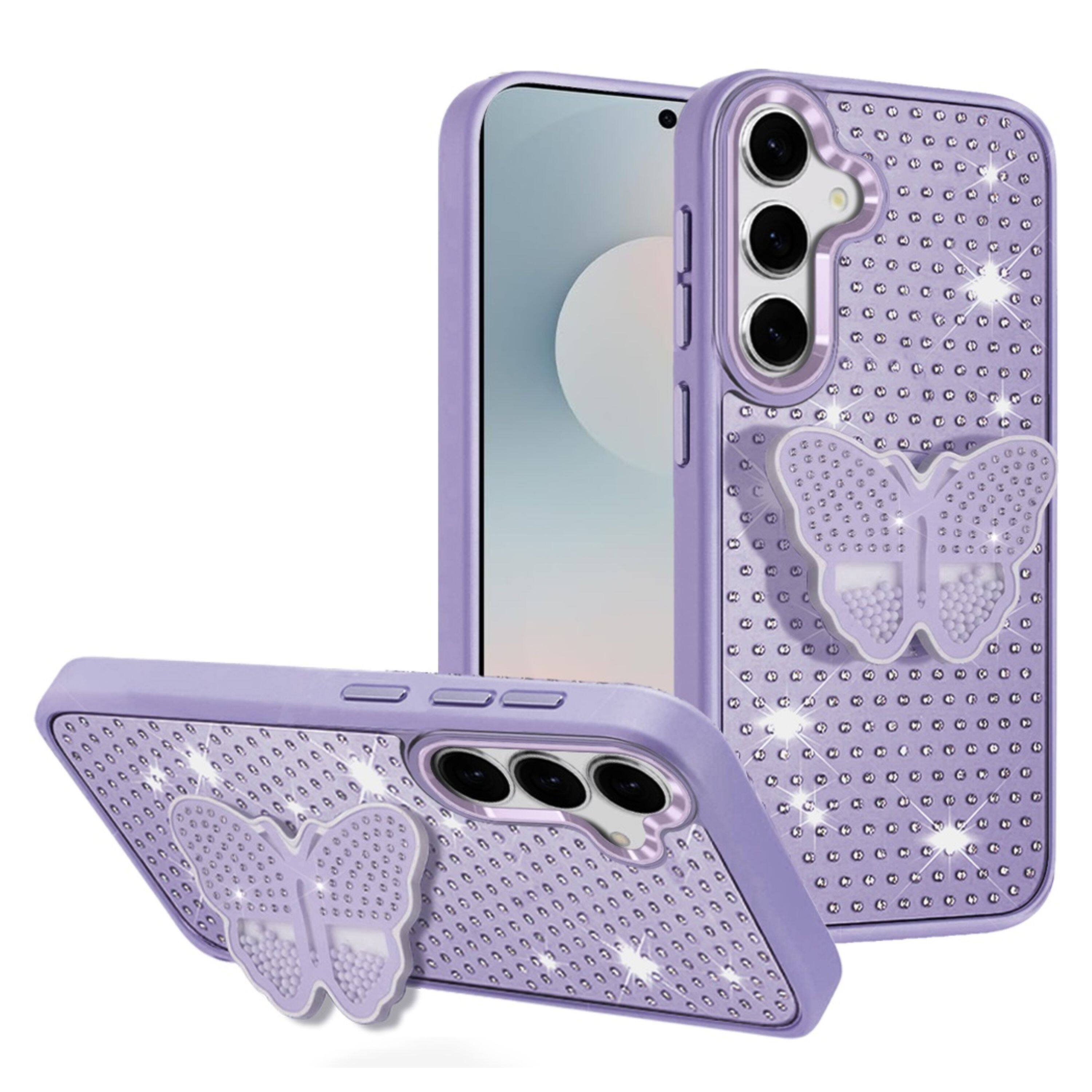 Front. Kitcheniva - Butterfly Grip Stand Faux Crystals Plus Tempered Glass For Samsung S25 FE Purple - Purple.
