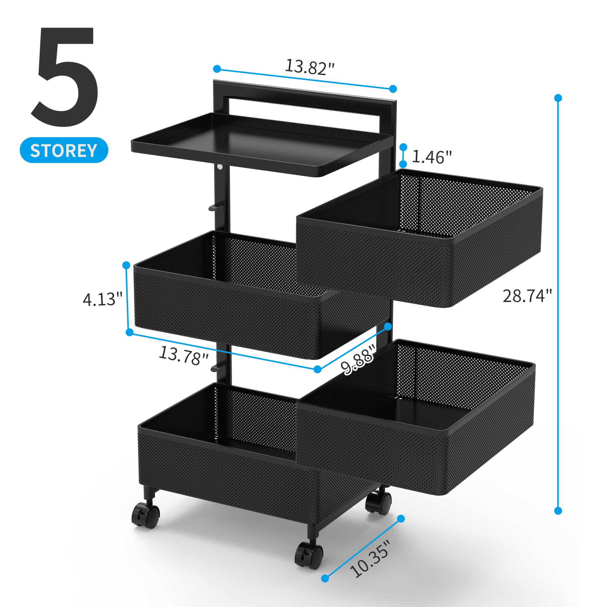 5 STOREY

- Height: 28.74"
- Width: 13.82"
- Depth: 10.35"
- Shelf 1: 1.46" (thickness)
- Shelf 2: 4.13" (depth)
- Shelf 3: 13.78" (depth)
- Shelf 4: 9.88" (depth)