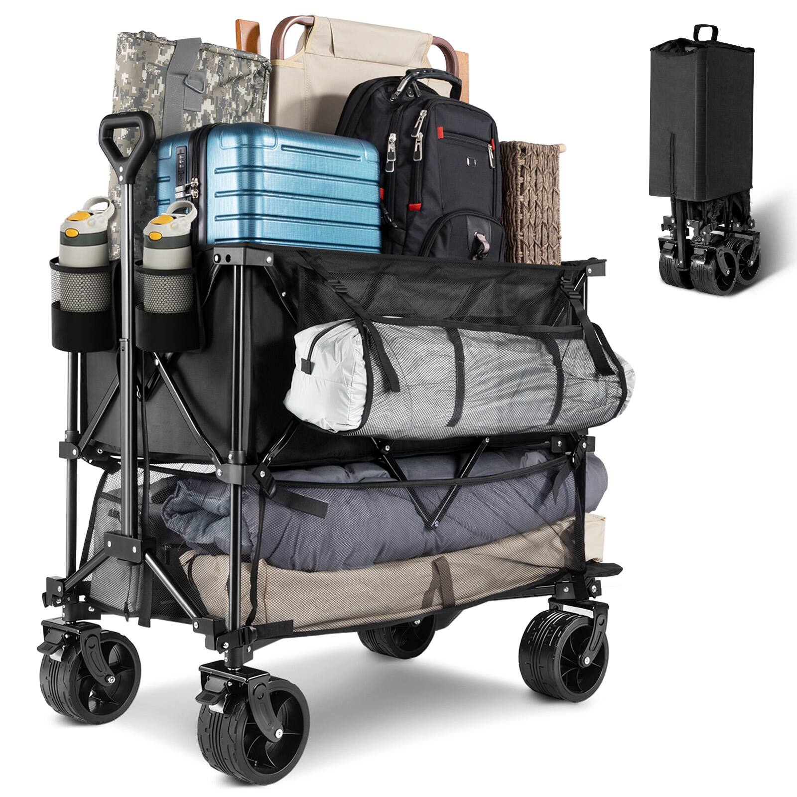 Front. Sugift - 450lbs Heavy Duty Double Decker Collapsible Folding Wagon Cart with 360° Wheels, and Extra Storage - Black.