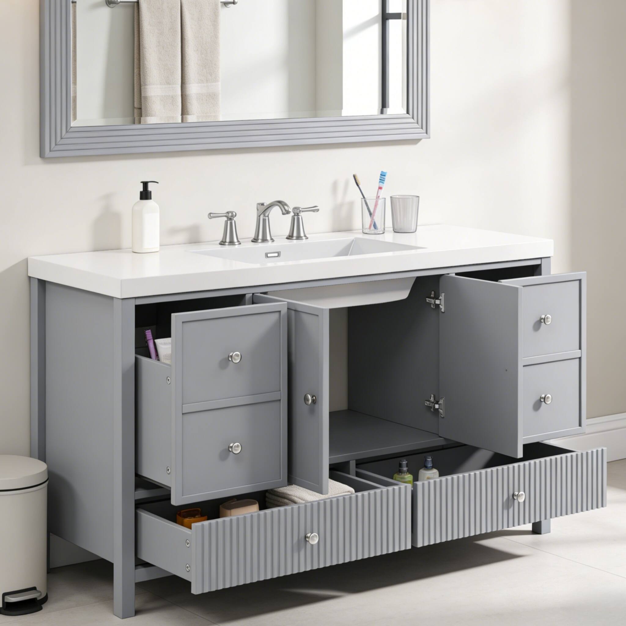 Alt View 1. Loheer - 5 ft Modern Bathroom Vanity with Sink and 4 Drawers, Gray Blue. - Blue Gray.
