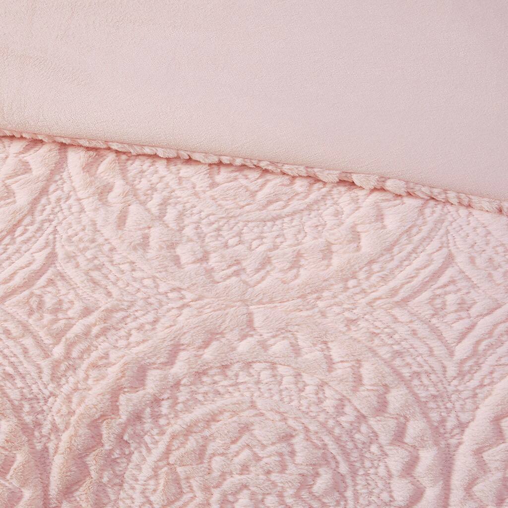Left. TinyHomie - King/Cal King Embroidered Medallion Faux Fur Ultra Plush Comforter Mini Set - Blush.
