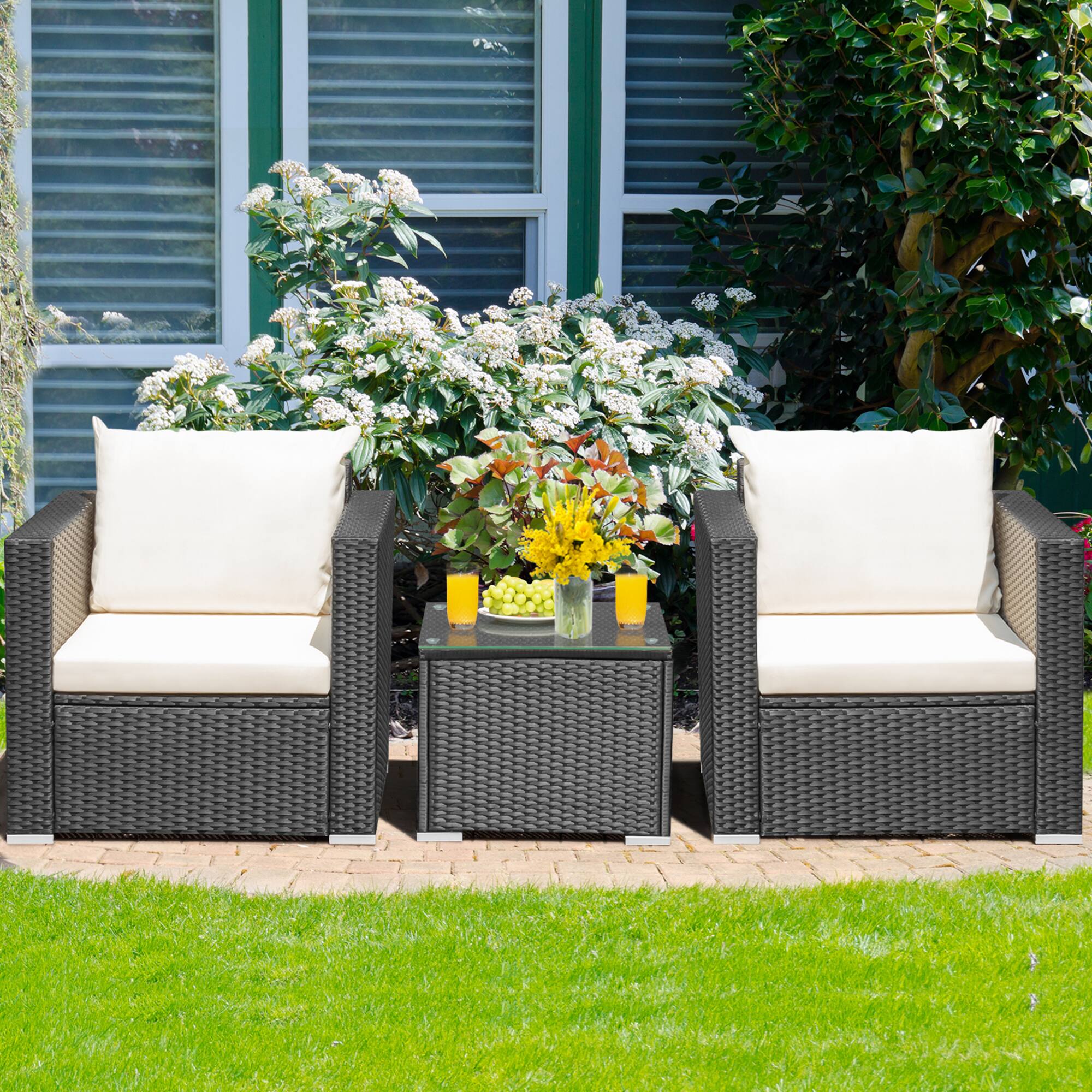 Front. Gymax - Gymax 3PCS Rattan Patio Conversation Furniture Set Outdoor Sofa Set w/ Cushions - Black.