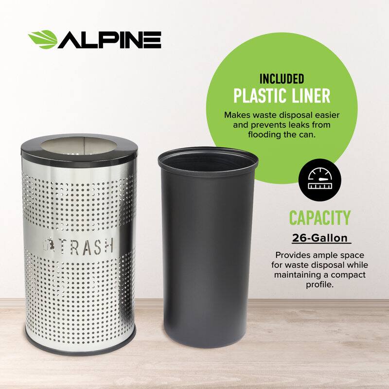ALPINE INCLUDED PLASTIC LINER Makes waste disposal easier and prevents leaks from flooding the can. TRASH CAPACITY 26-Gallon Provides ample space for waste disposal while maintaining a compact profile.