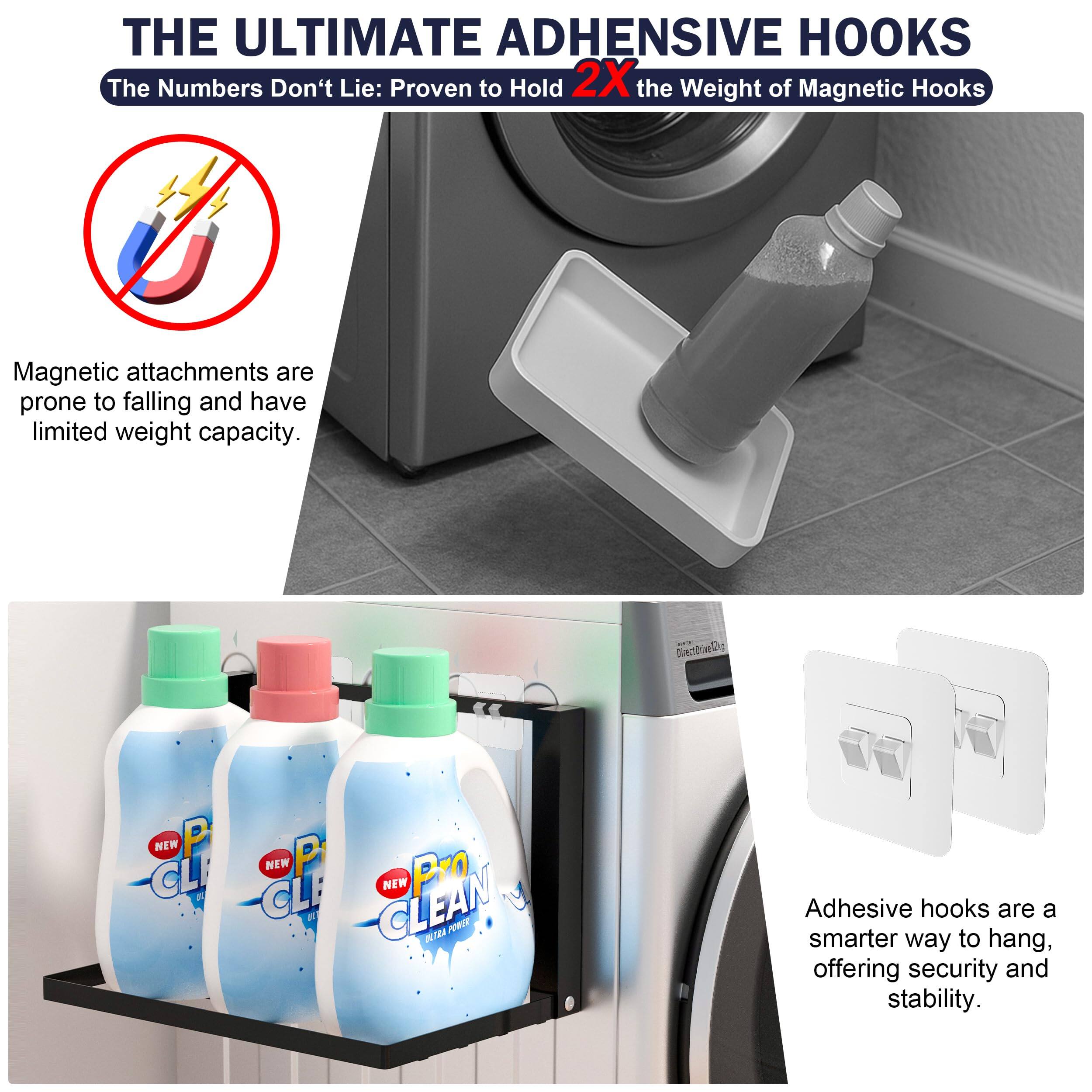 **THE ULTIMATE ADHENSIVE HOOKS**

_The Numbers Don't Lie: Proven to Hold 2X the Weight of Magnetic Hooks_

Magnetic attachments are prone to falling and have limited weight capacity.

Adhesive hooks are a smarter way to hang, offering security and stability.