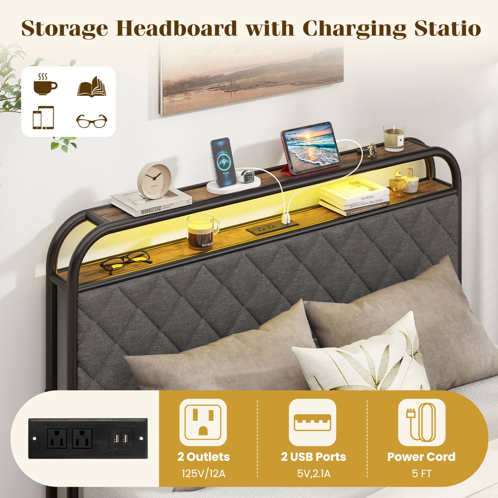 Storage Headboard with Charging Station

- 2 Outlets: 125V/12A
- 2 USB Ports: 5V, 2.1A
- Power Cord: 5 FT