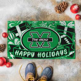 Evergreen Enterprises - Marshall Thundering Herd 28" x 16" Happy Holidays Christmas Turf Door Mat - Multicolor