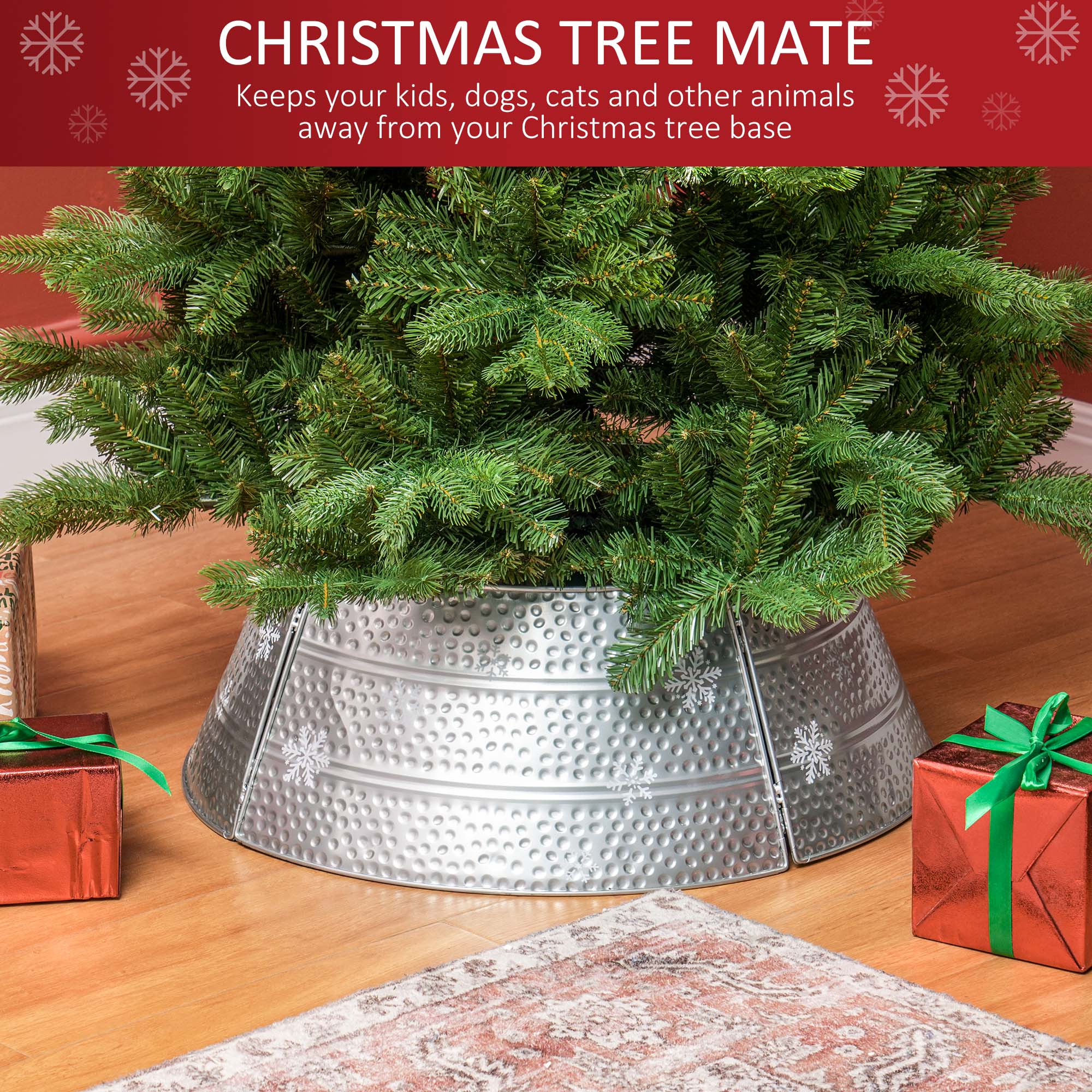 **CHRISTMAS TREE MATE**

Keeps your kids, dogs, cats, and other animals away from your Christmas tree base.
