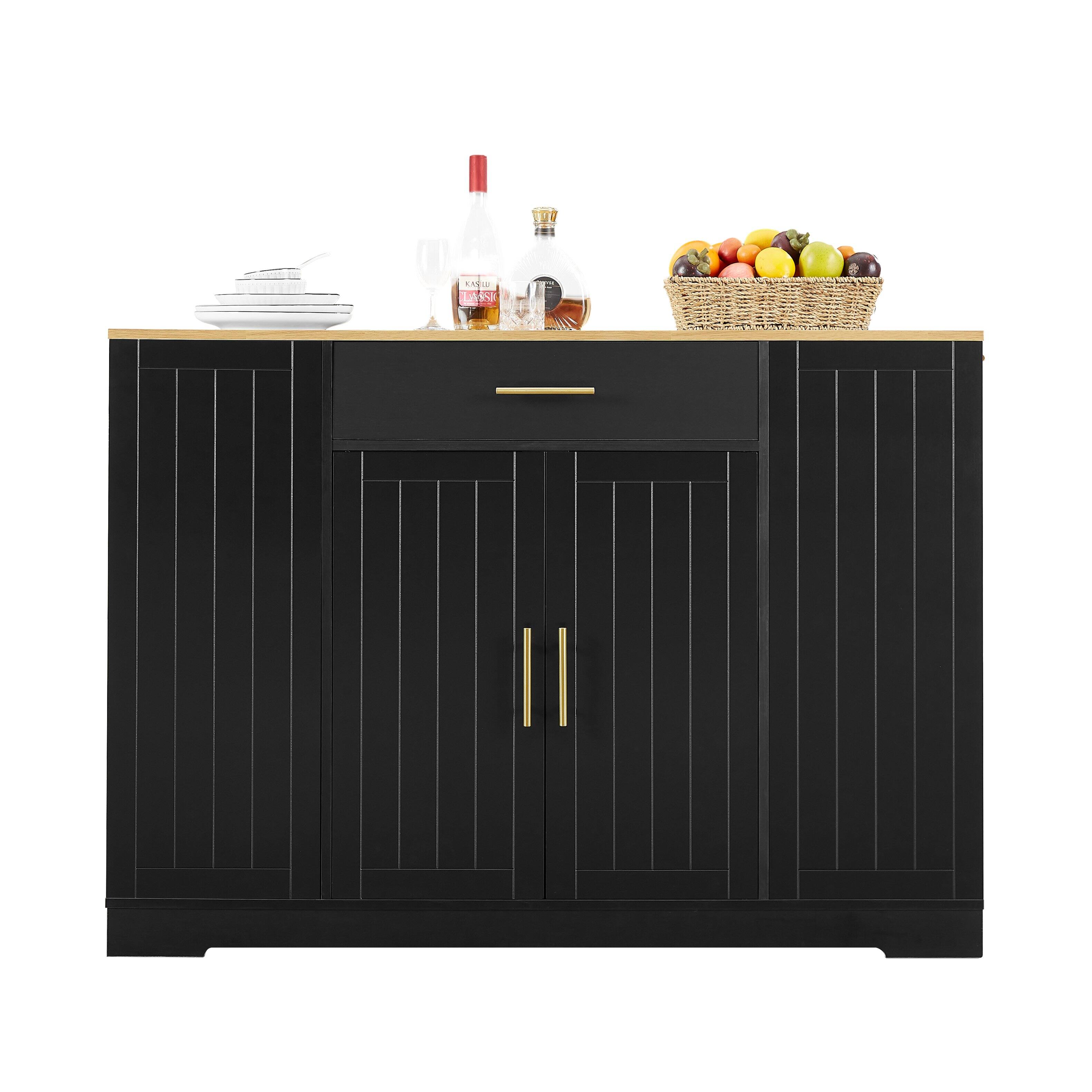 Front. SlickBlue - Large Wood Kitchen Island with Trash Bin Storage, Drawer, and Breakfast Bar for 13-Gallon Garbage Can - Black.