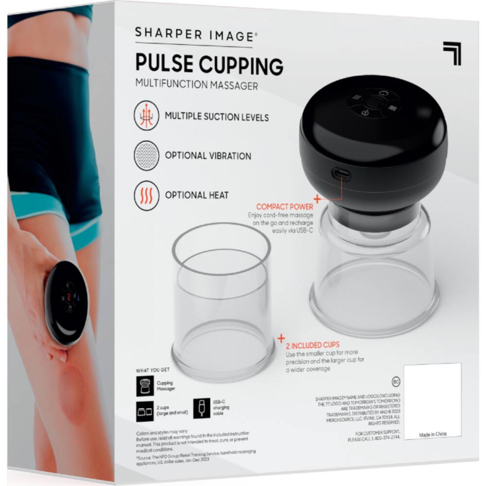 Sharper Image Pulse Cupping Multifunction Massager: Multiple Suction Levels, Optional Vibration, Optional Heat, Compact Power. Enjoy cord-free massage on the go and recharge easily with USB-C. What you get: 2 included cups (one small and one large) for precision and wider coverage. Cupping Massager - 42 2 cups shorthing (orange and small) cable. Colors and style may vary. Before use, read the instructions to ensure safe and effective use of this product. Intended for use with manual medical conditions only. Not for use during pregnancy or while trying to conceive. Made in China.