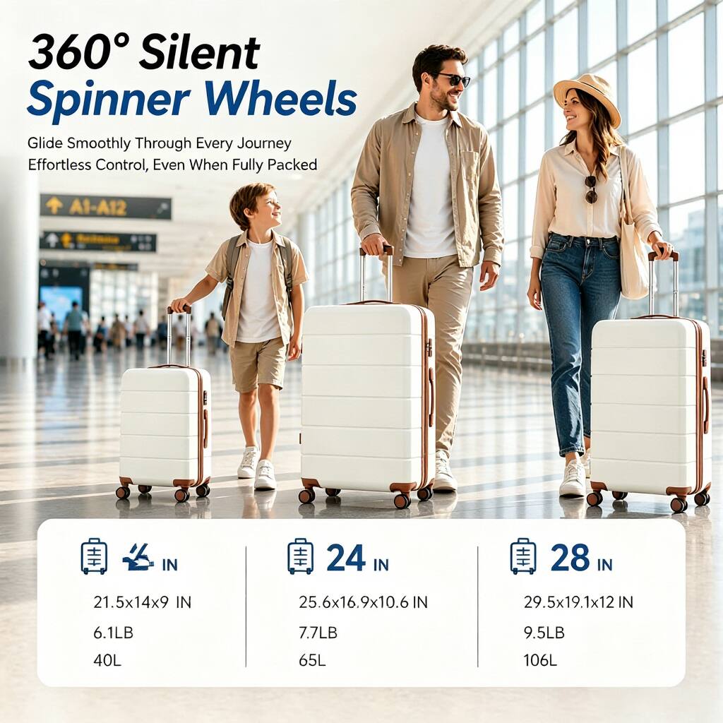 360° Silent Spinner Wheels  
Glide Smoothly Through Every Journey  
Effortless Control, Even When Fully Packed  

A1-A12  

21.5x14x9 IN  
6.1LB  
40L  

24 IN  
25.6x16.9x10.6 IN  
7.7LB  
65L  

28 IN  
29.5x19.1x12 IN  
9.5LB  
106L