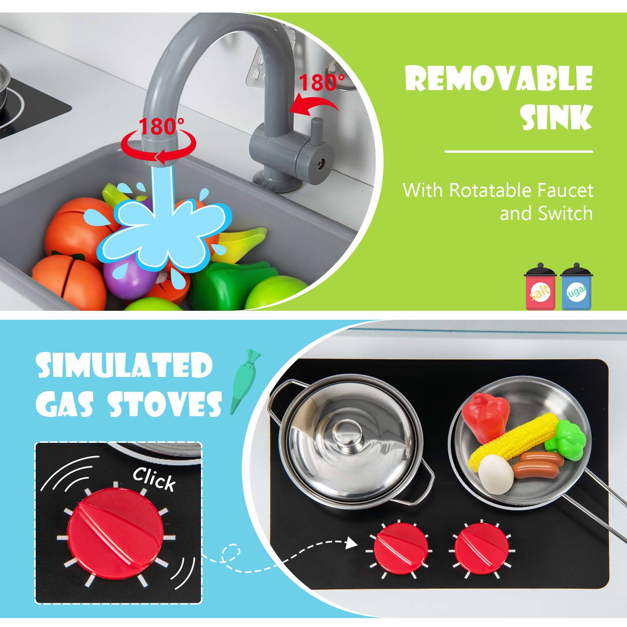 **REMOVABLE SINK**  
With Rotatable Faucet and Switch  

**SIMULATED GAS STOVES**  
Click