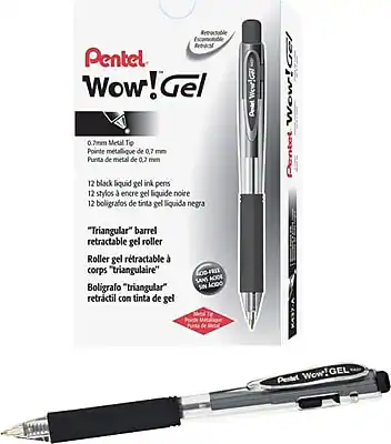 Pentel Wow! Gel
0.7mm Metal Tip
Punta de metal de 0.7 mm
Punta de metal de 0.7 mm
12 black liquid gel ink pens
12 stylos encre gel liquide noire
12 bolígrafos de tinta gel líquida negra
"Triangular" barrel retractable gel roller
Roller gel rétractable à corps "triangulaire"
Bolígrafo "triangular" retráctil con tinta de gel
LOOFRIT SANS ACIDE
SN AODo
Pentel Wow! Gel