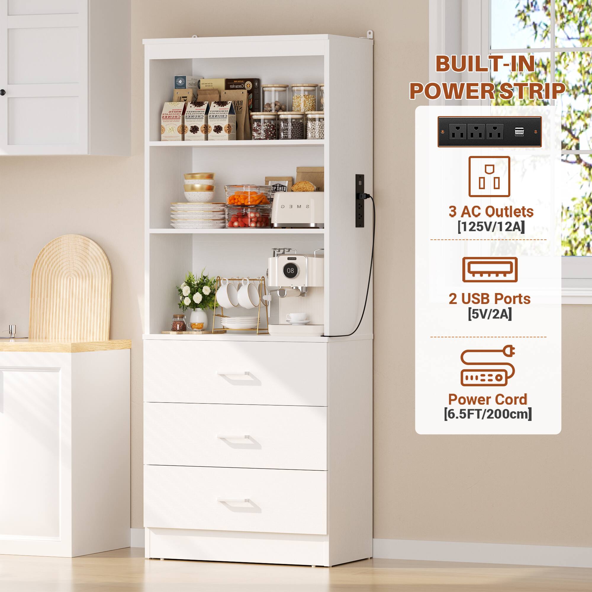 BUILT-IN POWERSTRIP  
3 AC Outlets [125V/12A]  
2 USB Ports [5V/2A]  
Power Cord [6.5FT/200cm]