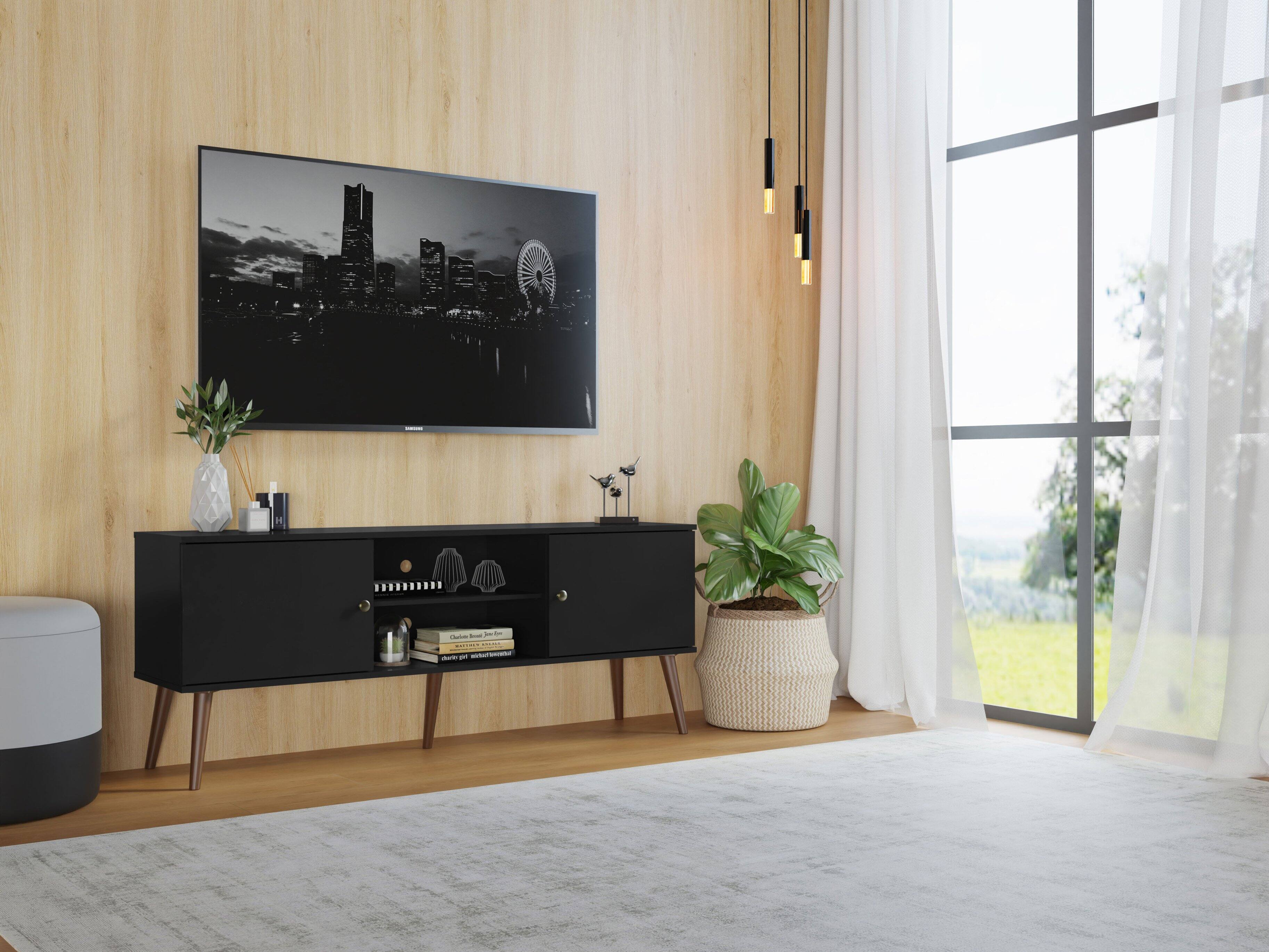 Alt View 3. Madesa - Madesa TV Stand Mid-Century Console with 2 Doors and 2 Shelves and Metal Knobs 59"L Media Storage - Black - Black.