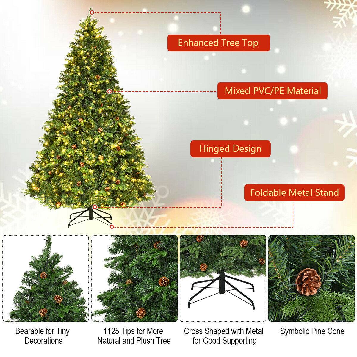 - Enhanced Tree Top
- Mixed PVC/PE Material
- Hinged Design
- Foldable Metal Stand
- Bearable for Tiny Decorations
- 1125 Tips for More Natural and Plush Tree
- Cross Shaped with Metal for Good Supporting
- Symbolic Pine Cone
