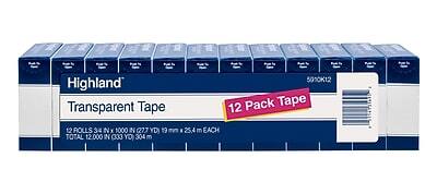 Highland Transparent Tape  
12 Pack Tape  
12 Rolls 3/4" x 1000" (277 YD) 19 mm x 25.4 m EACH  
TOTAL 12,000" (333 YD) 304 m