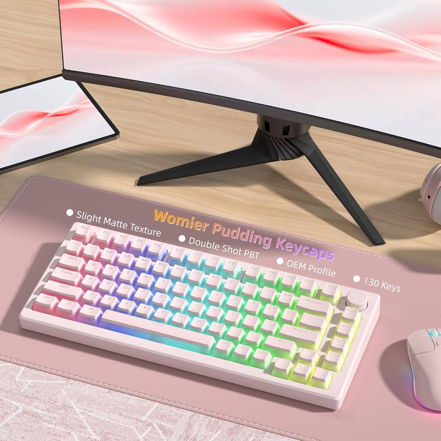 Womier Pudding Keycaps  
- Slight Matte Texture  
- Double Shot PBT  
- OEM Profile  
- 130 Keys