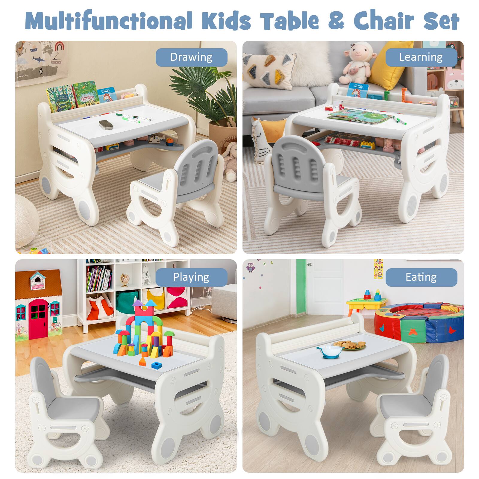 Multifunctional Kids Table & Chair Set

- Drawing
- Learning
- Playing
- Eating