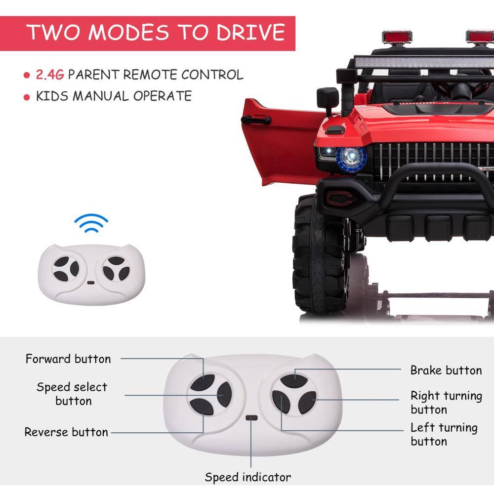 TWO MODES TO DRIVE

- 2.4G PARENT REMOTE CONTROL
- KIDS MANUAL OPERATE

Forward button
Speed select button
Reverse button
Brake button
Right turning button
Left turning button
Speed indicator