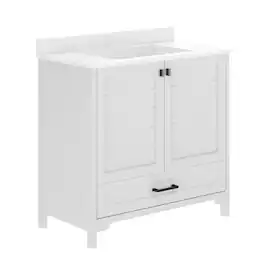 Flash Furniture - Haven 36" Bathroom Vanity with Sink, Storage Cabinet with Black Hardware, Soft Close Doors and Bottom Drawer, Carrara Ma - White
