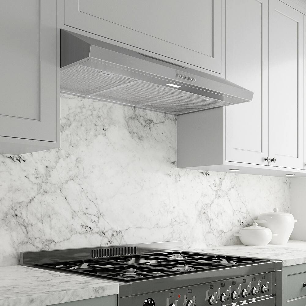 Back. Streamline - 36 in. Rapolla Ducted Undermount 80 CFM Range Hood, Mesh Filters, Push Button Control, LED Light - Brushed Stainless Steel.