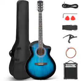 Winado - Full-Size JF Style Cutaway Acoustic Electric Guitar with Amp, Basswood Body, 41in for Beginners With Gig Bag - Blue