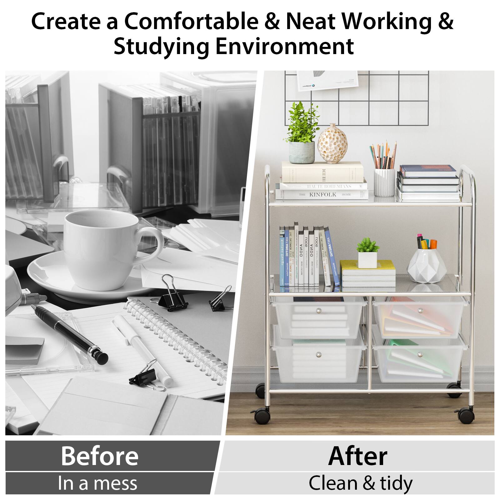 Create a Comfortable & Neat Working & Studying Environment Before: In a mess After: Clean & Tidy