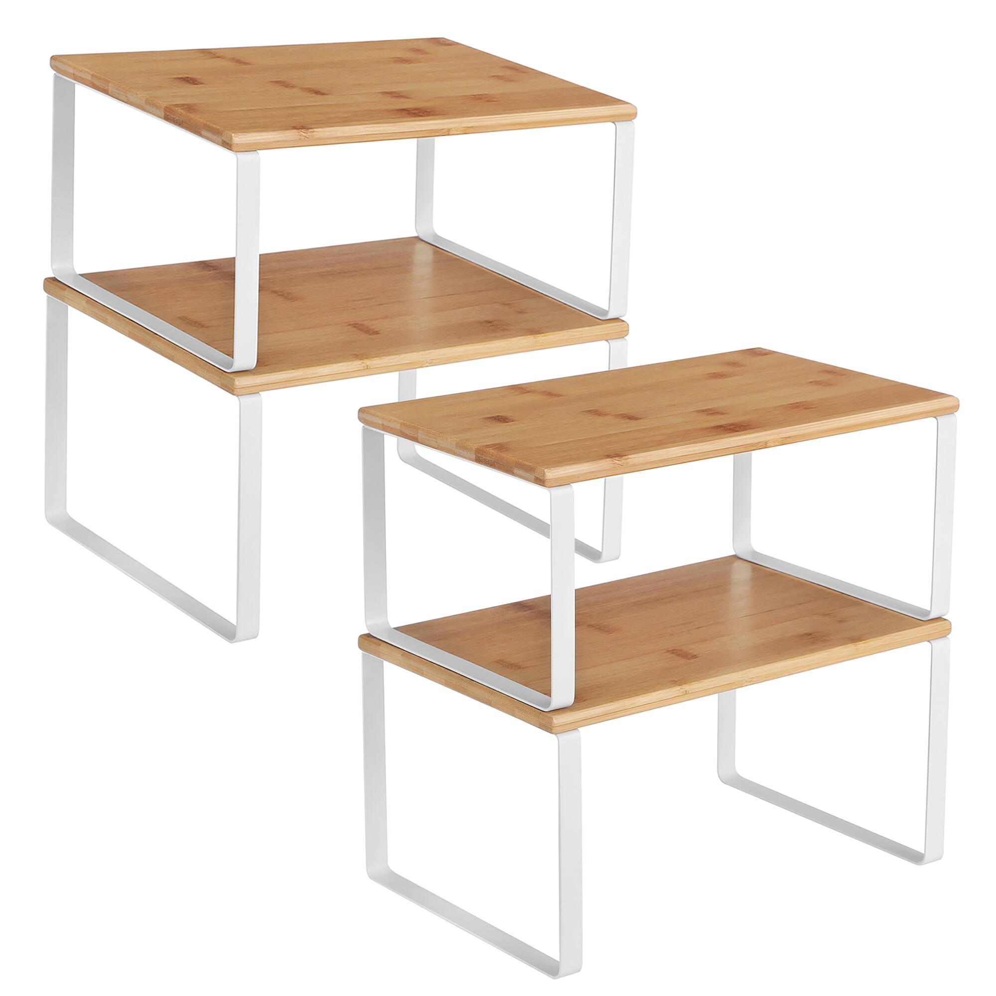 Front. Songmics Home - Cabinet Organizer Shelf, Set of 4 Kitchen Counter Shelves, Kitchen Storage, Spice Rack, Stackable, Expandable - Cloud White and Natural Beige.