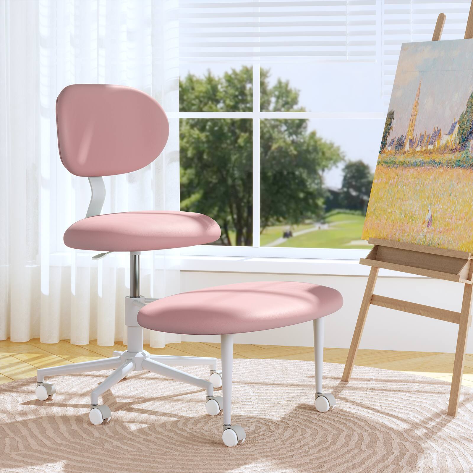 Back. Pinmoco - Pinmoco - Upholstered Office Chair Adjustable Height Ergonomic Office Chair with Lumbar Support and Wheels - Pink.