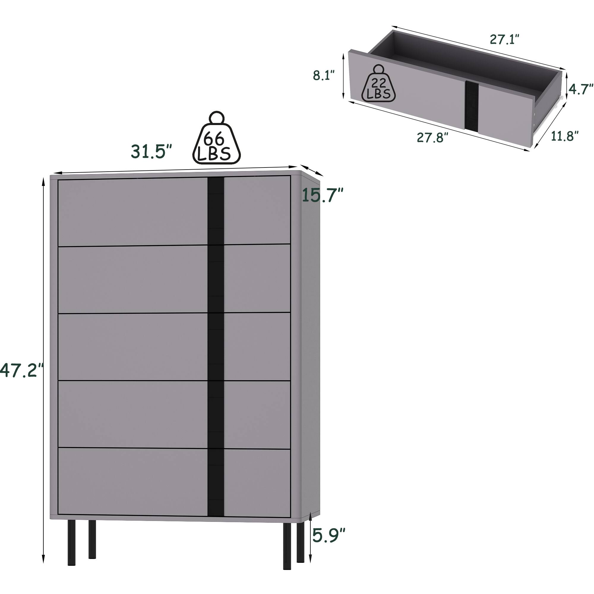 The text on the image reads: 31.5" 8.1" 22 LBS 4.7" 31.5" 66 LBS 27.8" 11.8" 15.7" 47.2" 5.9".