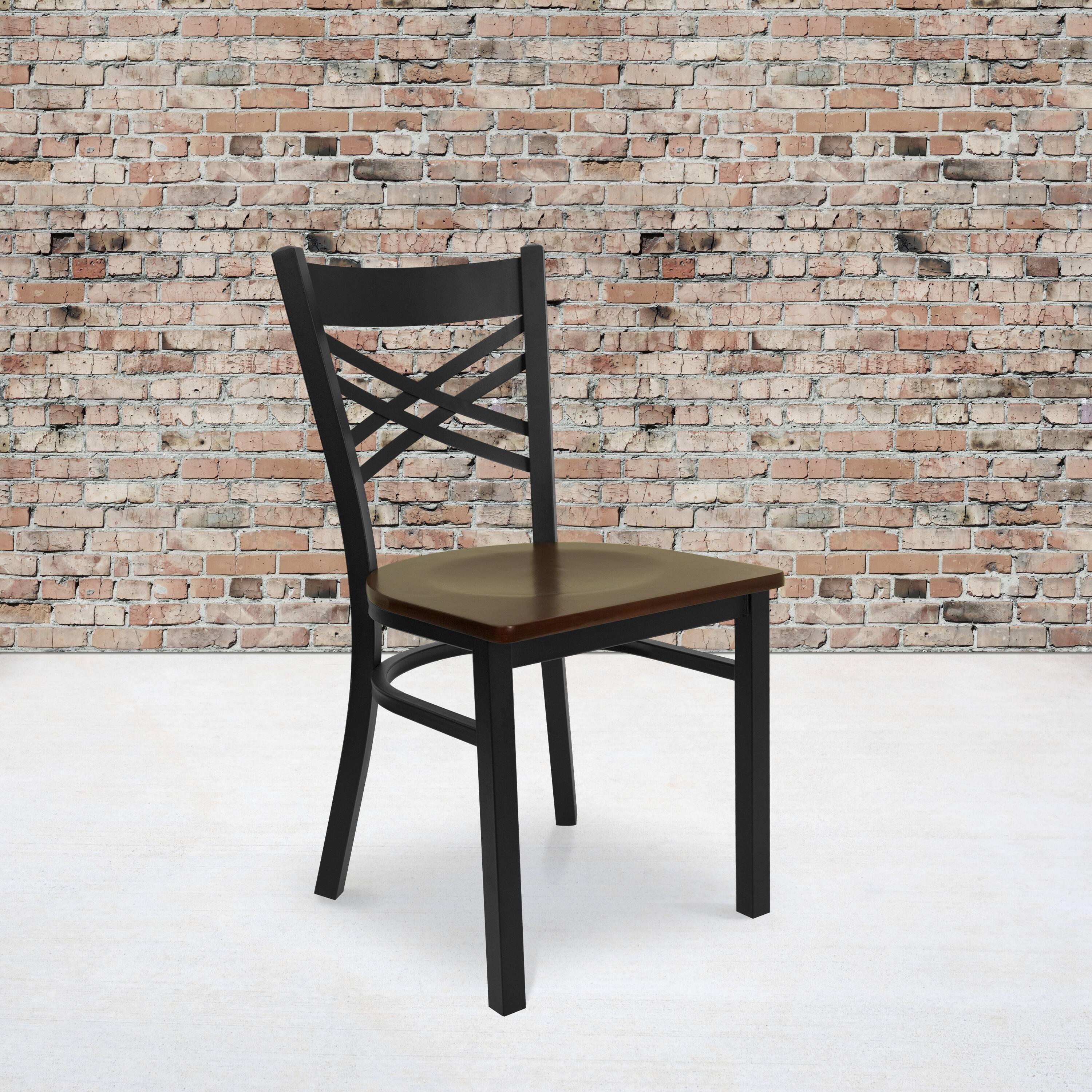 Alt View 2. Emma + Oliver - 2 Pack "X" Back Metal Restaurant Chair - Mahogany Wood Seat/Black Metal Frame.