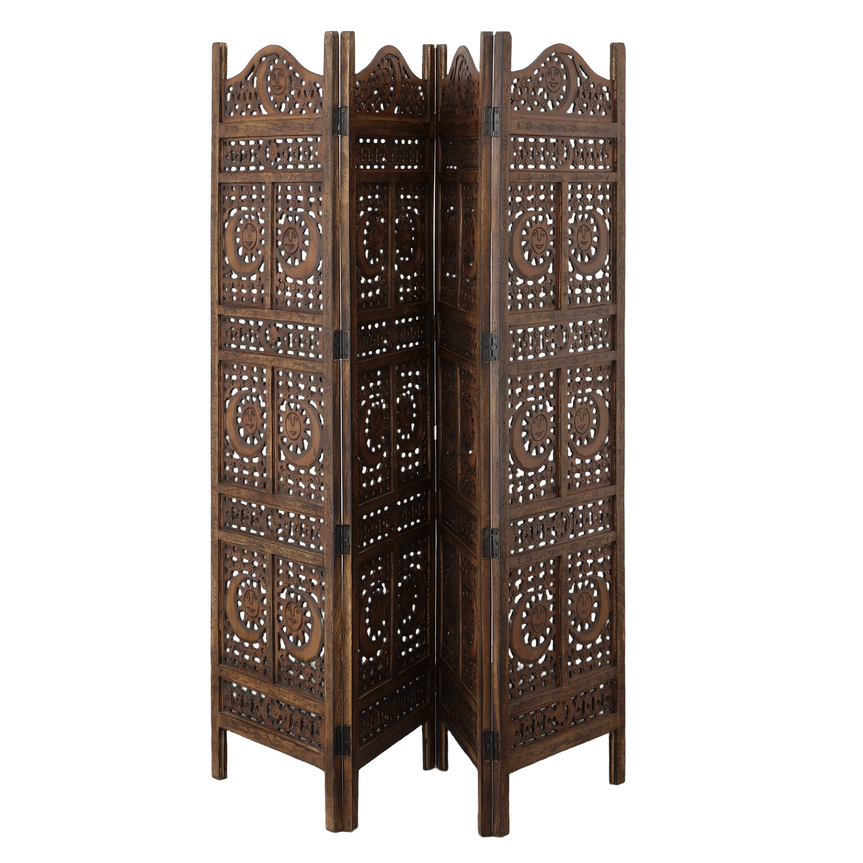 Alt View 2. Manhattan Lane - 71 Inch 4 Panel Mango Wood Room Divider, Hand Carved, Sun & Moon Design - Brown.