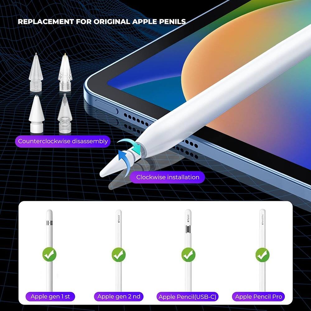 REPLACEMENT FOR ORIGINAL APPLE PENCILS

Counterclockwise disassembly

Clockwise installation

Apple gen 1 st

Apple gen 2 nd

Apple Pencil(USB-C)

Apple Pencil Pro