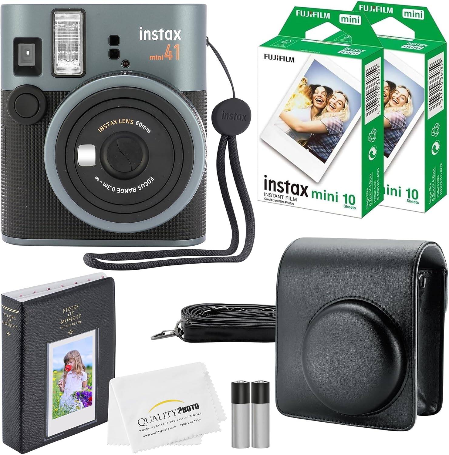 Fujifilm - Instax Mini 41 Instant Camera + 20 Prints + Camera Case + Album and Quality Photo Microfiber Cloth - Black