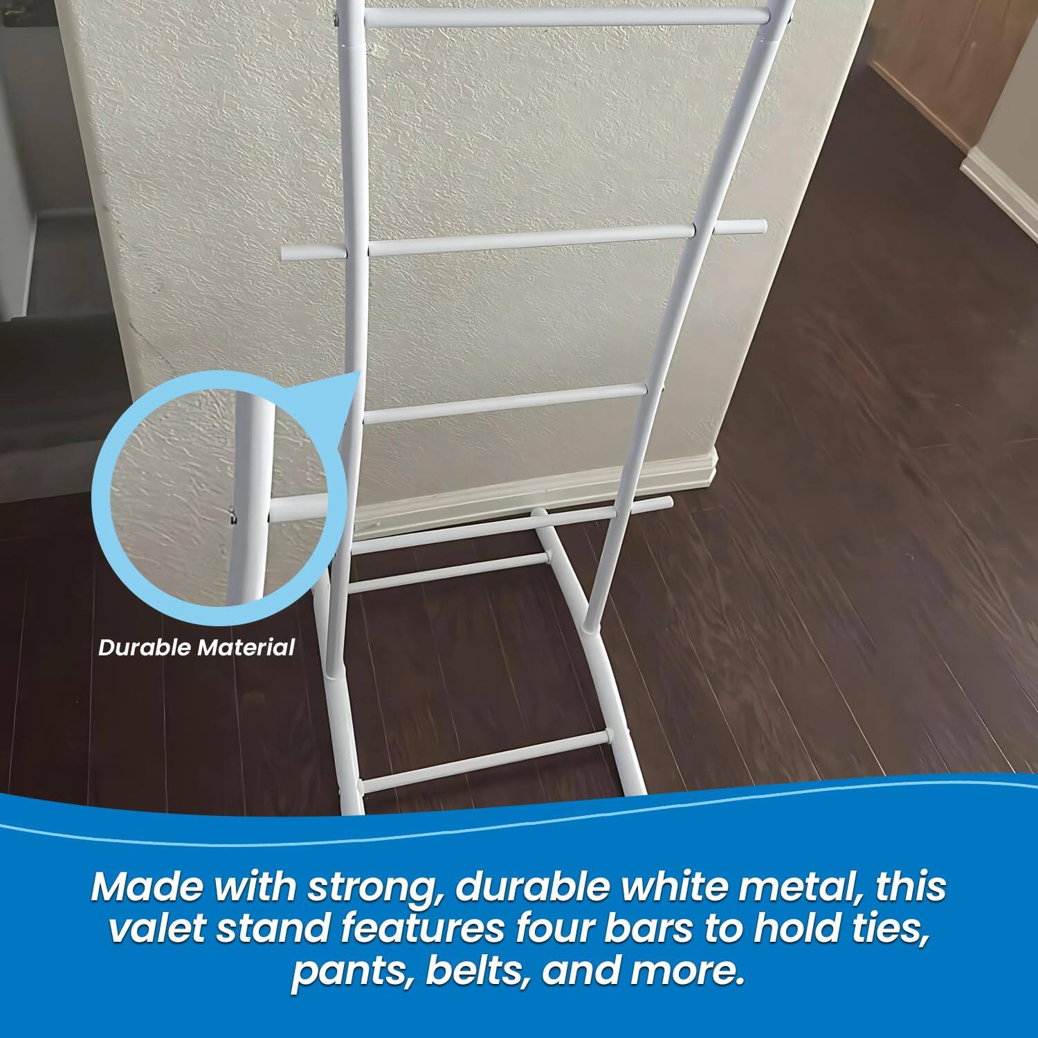 Made with strong, durable white metal, this valet stand features four bars to hold ties, pants, belts, and more.