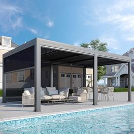 U-HOMY - 12'x20' Outdoor Aluminum Louvered Pergola Gazebo with Adjustable Rainproof Roof and Pull-Down Privacy Screen - Gray