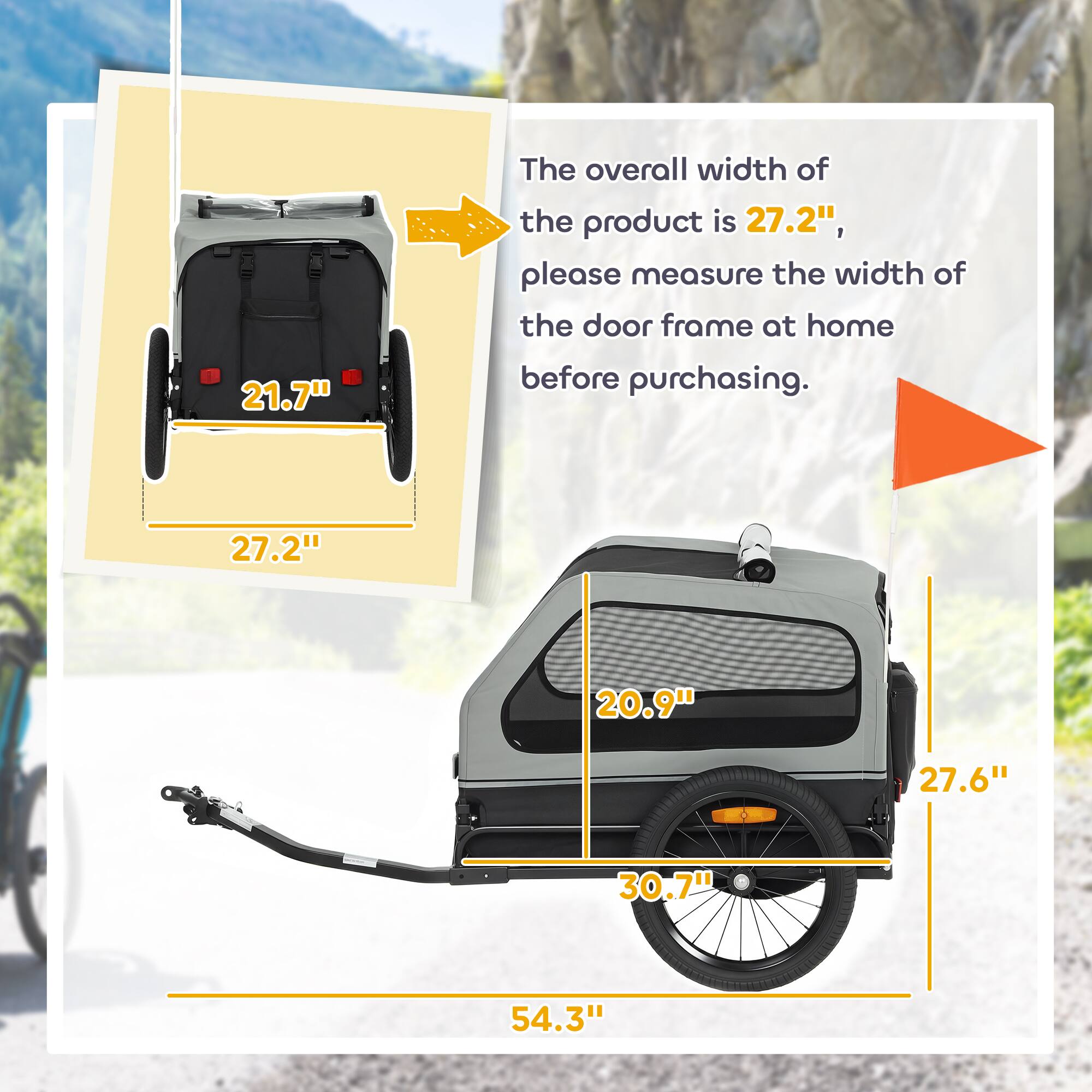 The overall width of the product is 27.2", please measure the width of the door frame at home before purchasing.

21.7"  
27.2"  
20.9"  
27.6"  
30.7"  
54.3"