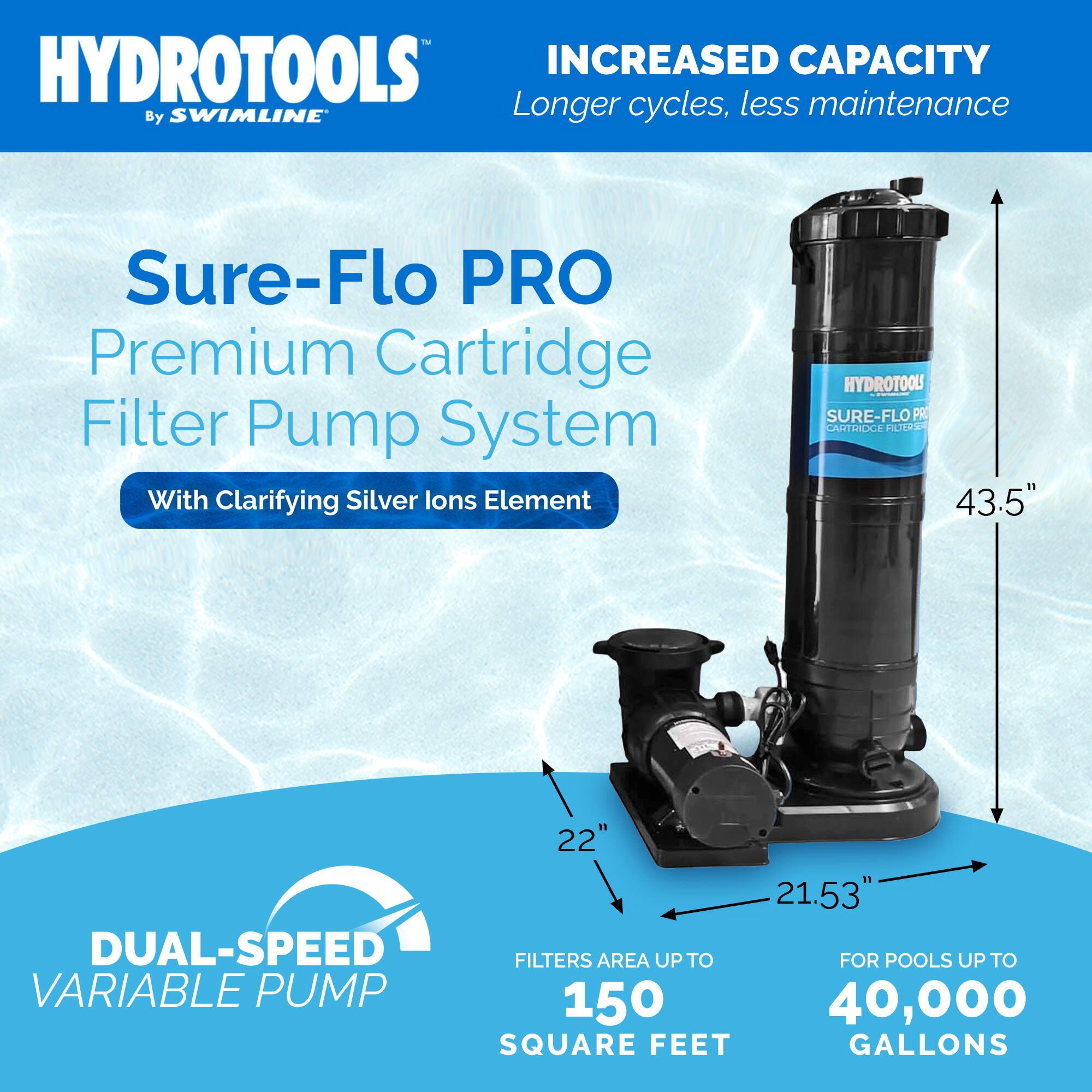 Sure-Flo PRO Premium Cartridge Filter Pump System  
With Clarifying Silver Ions Element  

Increased Capacity  
Longer cycles, less maintenance  

Dual-Speed Variable Pump  

Filters area up to 150 square feet  
For pools up to 40,000 gallons  

Dimensions:  
Height: 43.5"  
Width: 22"  
Depth: 21.53"