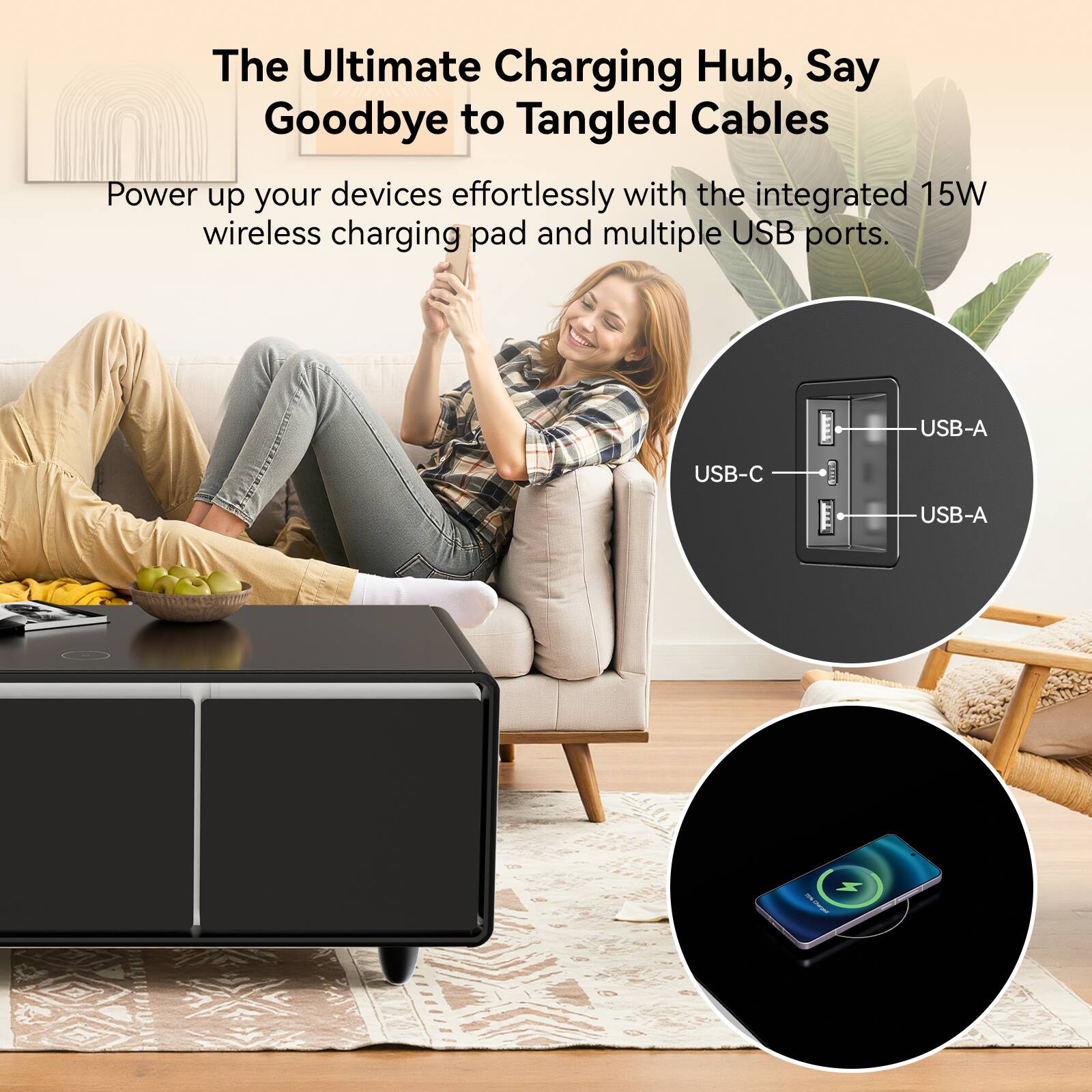 The Ultimate Charging Hub, Say Goodbye to Tangled Cables

Power up your devices effortlessly with the integrated 15W wireless charging pad and multiple USB ports.

USB-A USB-C USB-A