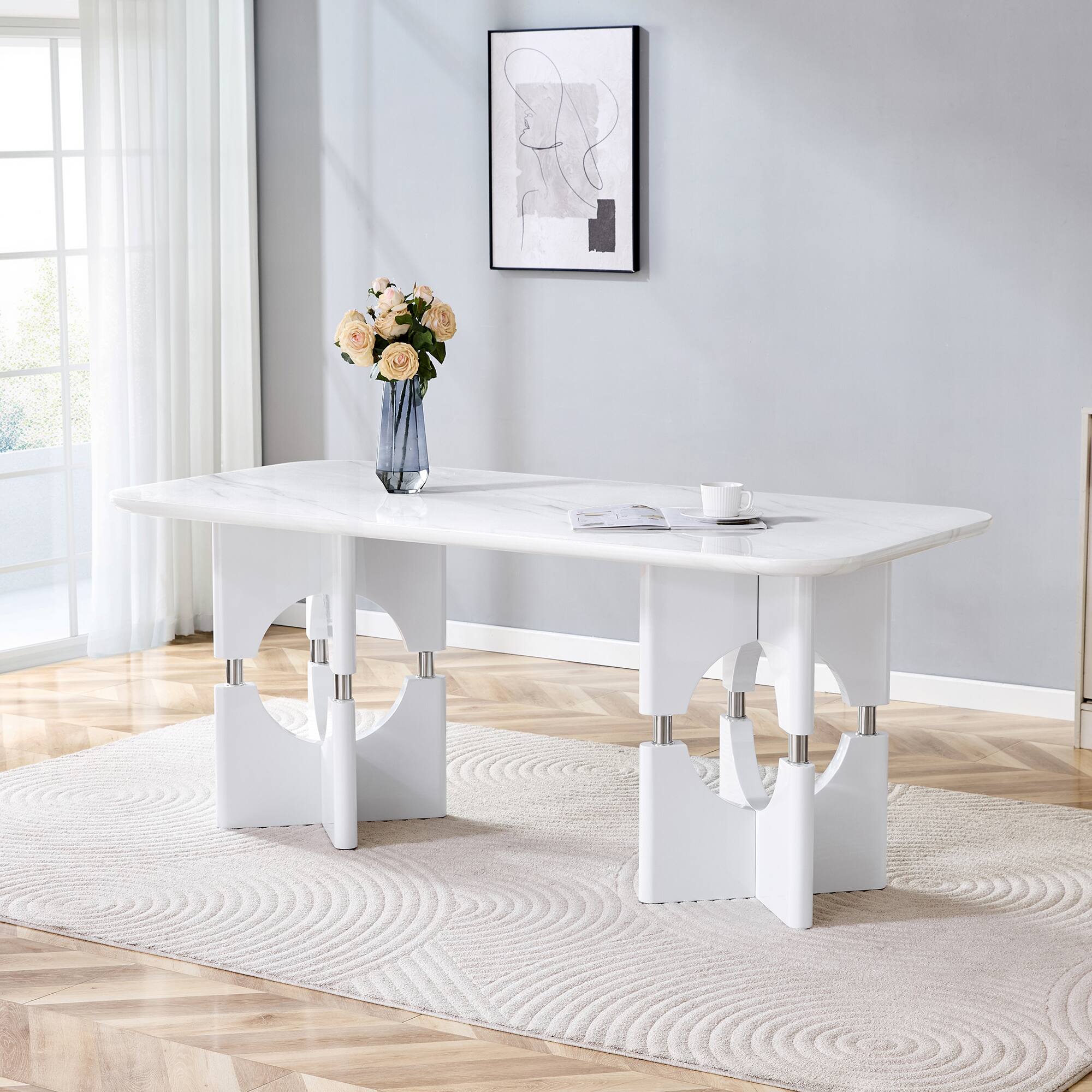 Alt View 1. Loheer - Loheer- Modern Faux Marble Dining Table 5.9x2.8x2.5 ft Hollow Metal Frame Kitchen Table For Apartments - White.