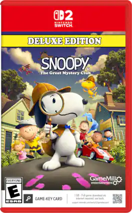 2 NINTENDO SWITCH DELUXE EDITION SNOOPY & The Great Mystery Club PSYCHIATRIC HELP 5t THE DocTOR 15 d 2 EVERYONE E ESRB GameMill entertainment 3 GB - Full game download via GAME-KEY CARD internet required. see back. support.nintendo.com/switch2/gamekeycard - E (Everyone)