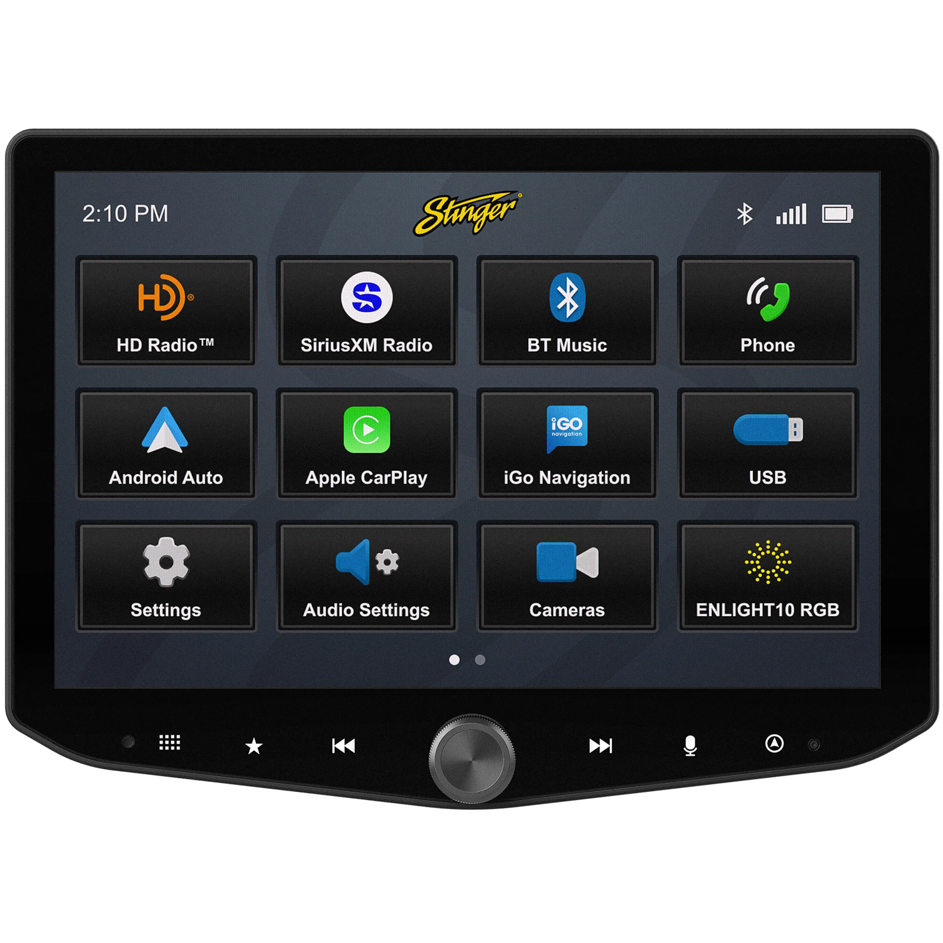 The text on the image can be grouped and corrected as follows:
2:10 PM Stanger HD Radio TM SiriusXM Radio BT Music Phone iGo Navigation USB Settings Audio Settings Cameras ENLIGHT10 RGB K A
This text appears to be a list of various options or settings available on a device, possibly a car stereo or a smartphone. The options include HD Radio, SiriusXM Radio, Bluetooth Music, Phone, iGo Navigation, USB, Audio Settings, Cameras, and ENLIGHT10 RGB K A. The time of 2:10 PM is also included in the text.