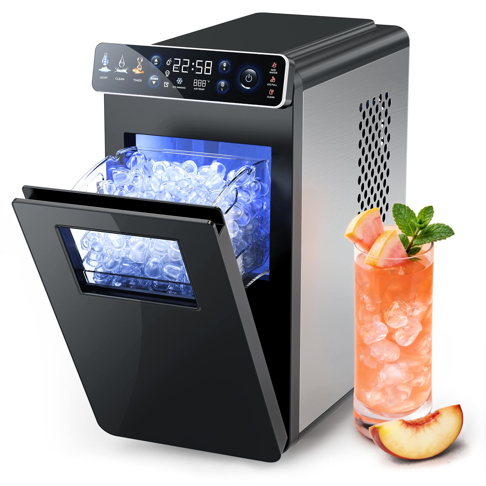 Ecozy Chillio - Bullet Ice Makers Countertop, Ultra Slim Design with Full-Color Panel, Internal Lights, 26 lbs/24H, Timer Ice Making - Silver